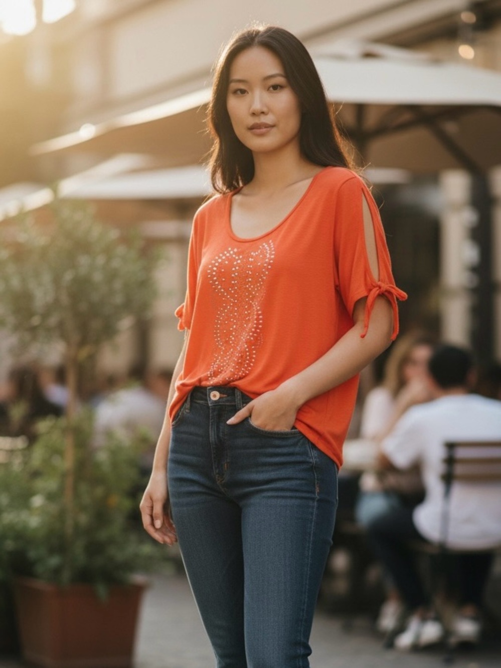 Westport Women's Plus 1X Orange Studded Graphic Swing Tee with Tie Slit Sleeves